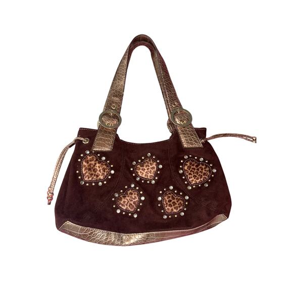 Lucidity Y2K Leopard Heart Suede Rhinestone Shoulder Bag 🤎✨ - Picture 1 of 8